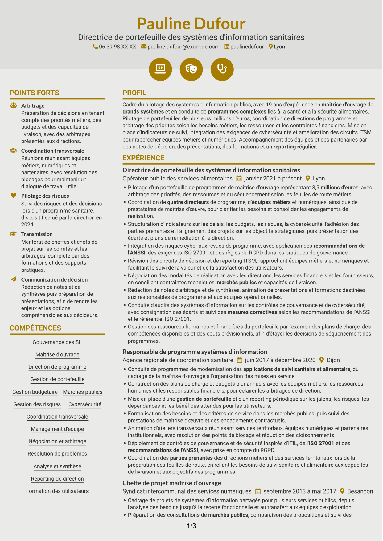 CV Dynamique (format à deux colonnes avec icônes) : Adjointe à la déléguée - Système d'information alimentaire, page 1