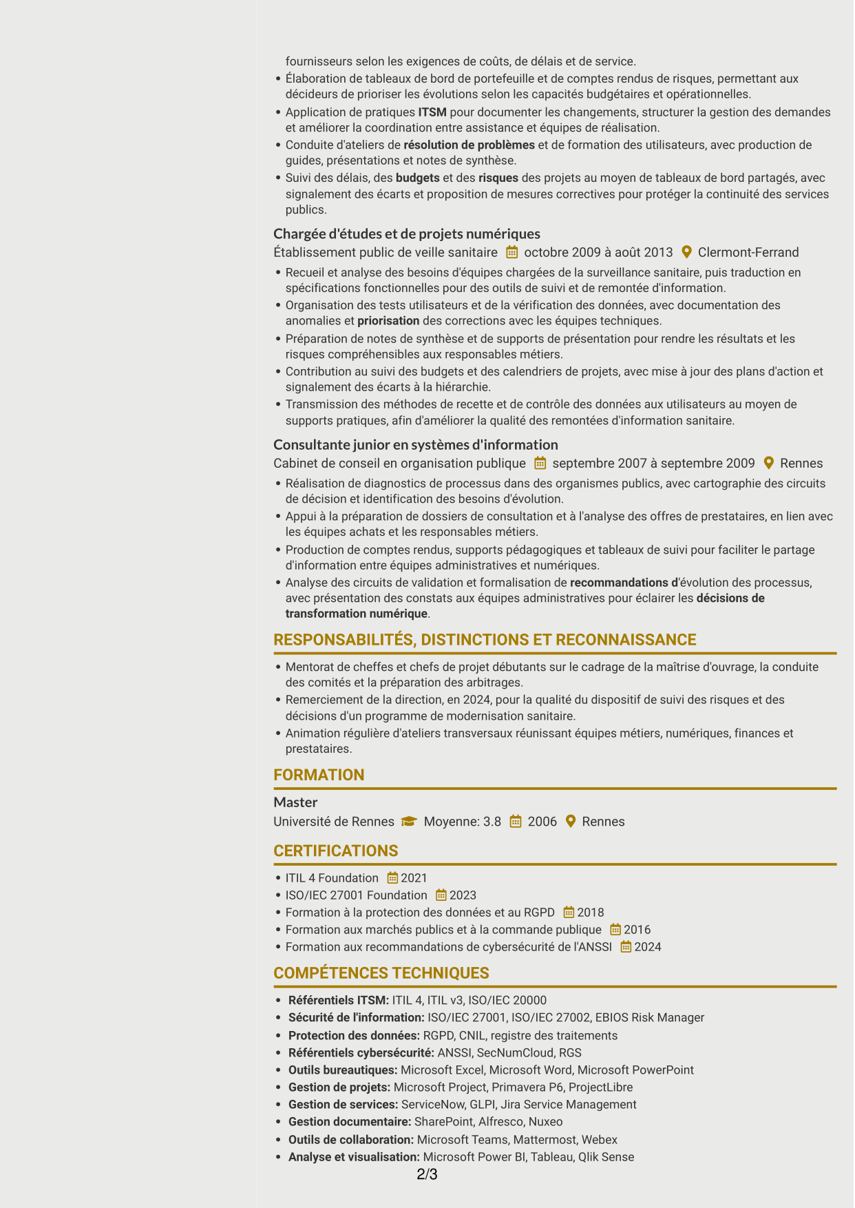 CV Dynamique (format à deux colonnes avec icônes) : Adjointe à la déléguée - Système d'information alimentaire, page 2
