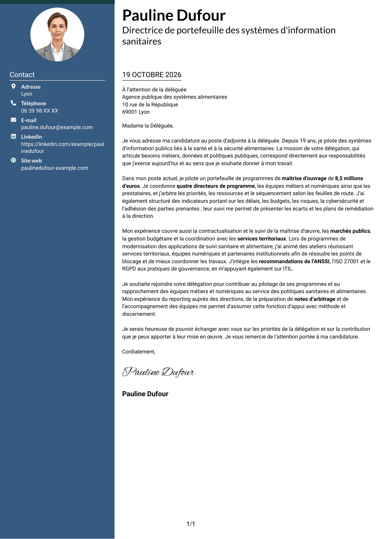 Lettre de motivation Élégant (format à colonne latérale colorée avec photo) : Adjointe à la déléguée - Système d'information alimentaire, page 1