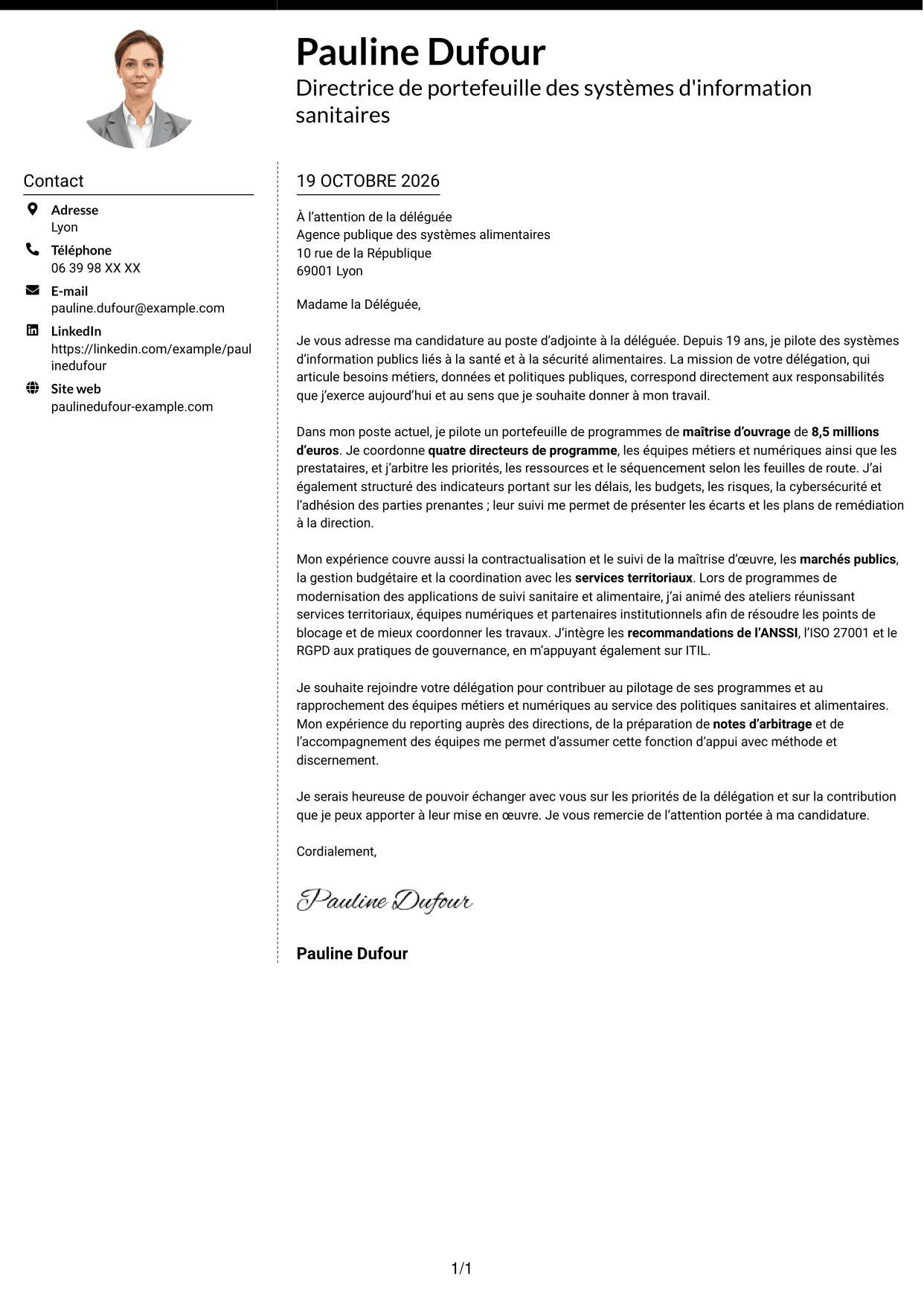 Lettre de motivation Moderne (format à deux colonnes avec photo à gauche et séparateur) : Adjointe à la déléguée - Système d'information alimentaire, page 1