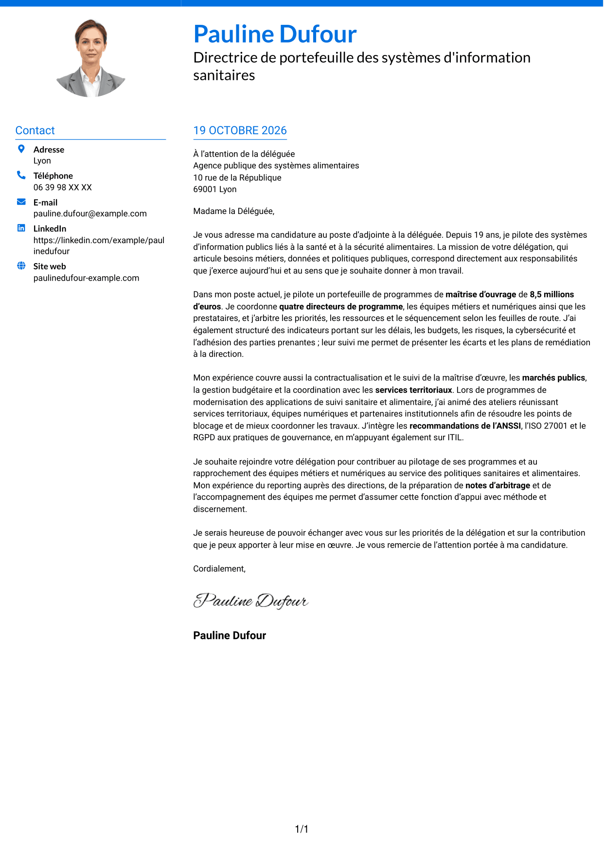 Lettre de motivation Audacieux (format à deux colonnes avec accents colorés et photo) : Adjointe à la déléguée - Système d'information alimentaire, page 1