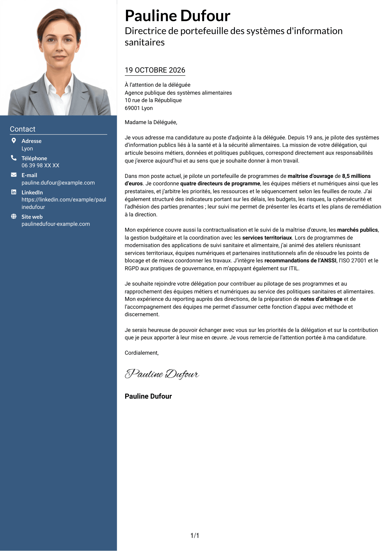 Lettre de motivation Signature (format à colonne latérale colorée avec grande photo) : Adjointe à la déléguée - Système d'information alimentaire, page 1