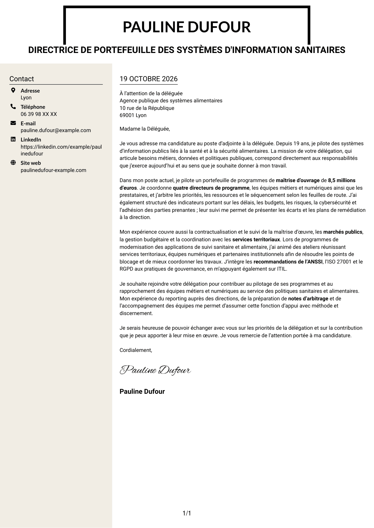 Lettre de motivation Fonceur (format à deux colonnes avec en-tête centré sans photo) : Adjointe à la déléguée - Système d'information alimentaire, page 1