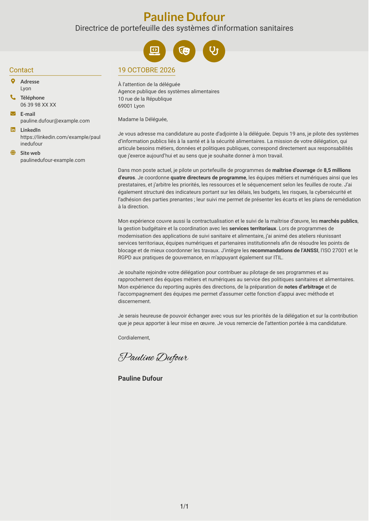 Lettre de motivation Dynamique (format à deux colonnes avec icônes) : Adjointe à la déléguée - Système d'information alimentaire, page 1