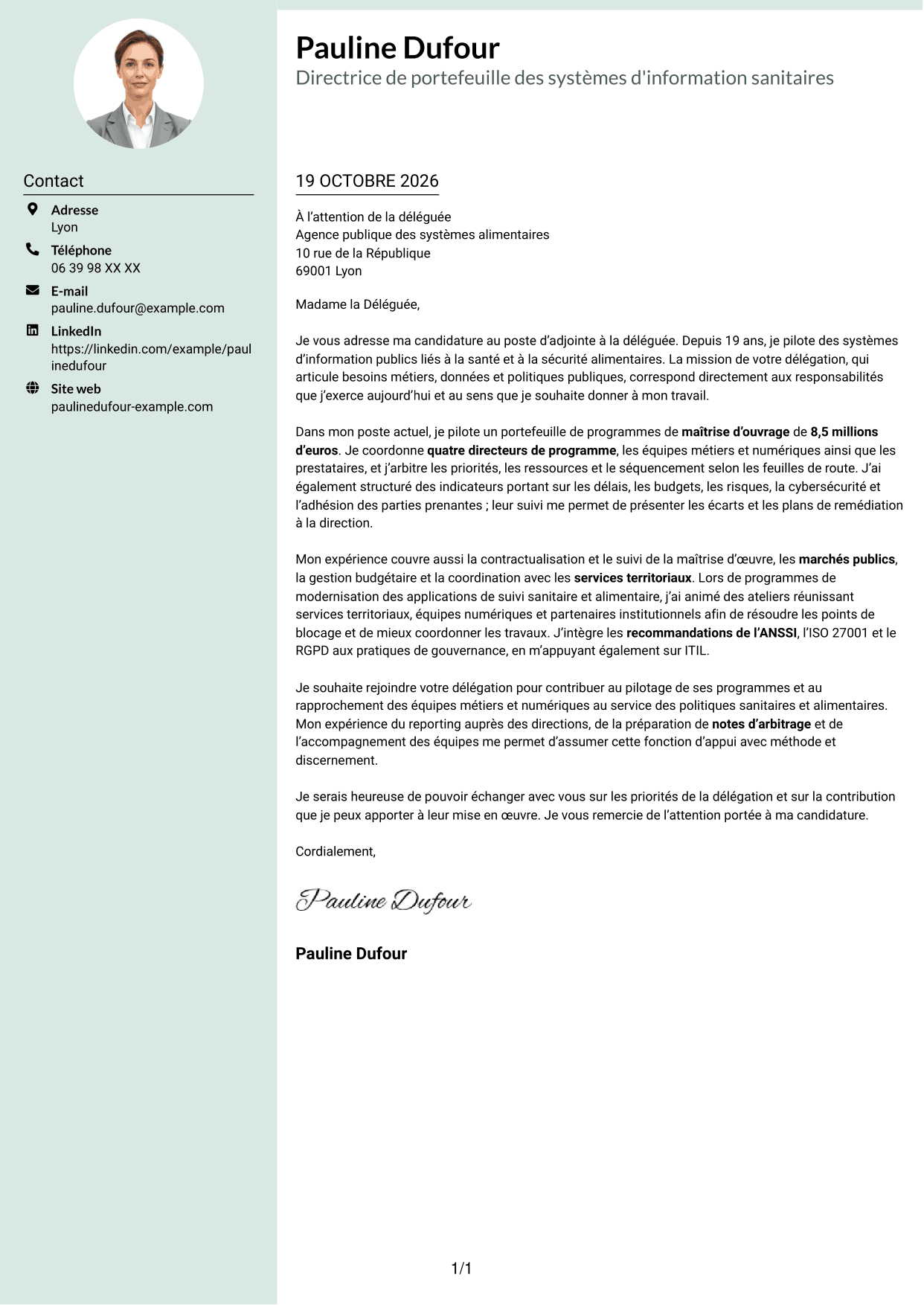 Lettre de motivation Cadre (format à colonne latérale douce avec photo arrondie) : Adjointe à la déléguée - Système d'information alimentaire, page 1
