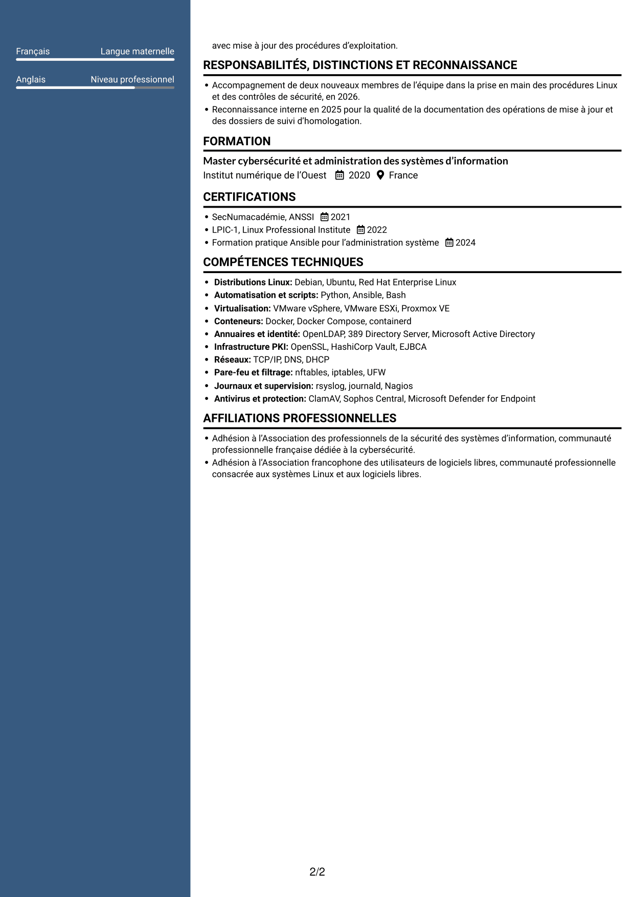 CV Élégant (format à colonne latérale colorée avec photo) : Administrateur Cybersécurité, page 2