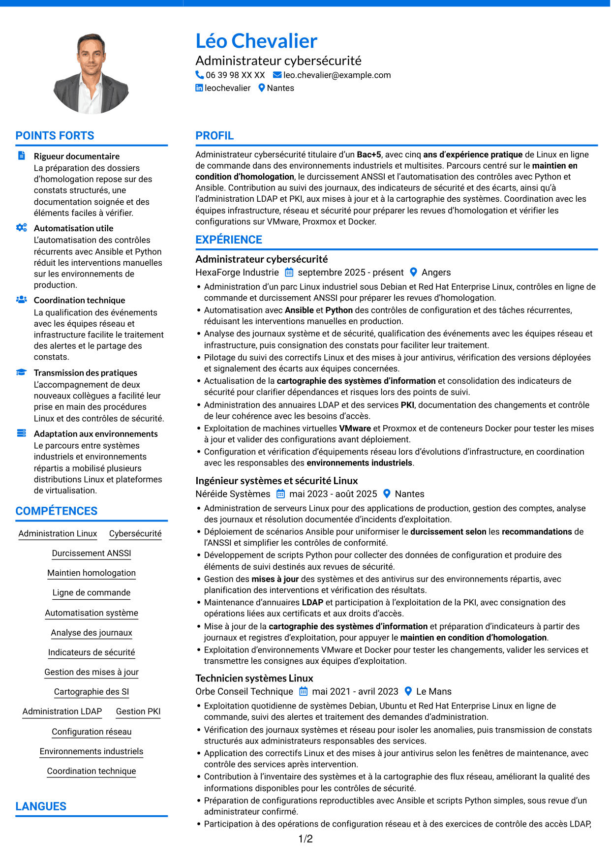 CV Audacieux (format à deux colonnes avec accents colorés et photo) : Administrateur Cybersécurité, page 1
