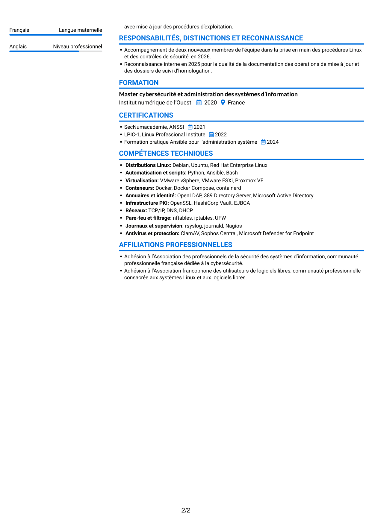 CV Audacieux (format à deux colonnes avec accents colorés et photo) : Administrateur Cybersécurité, page 2