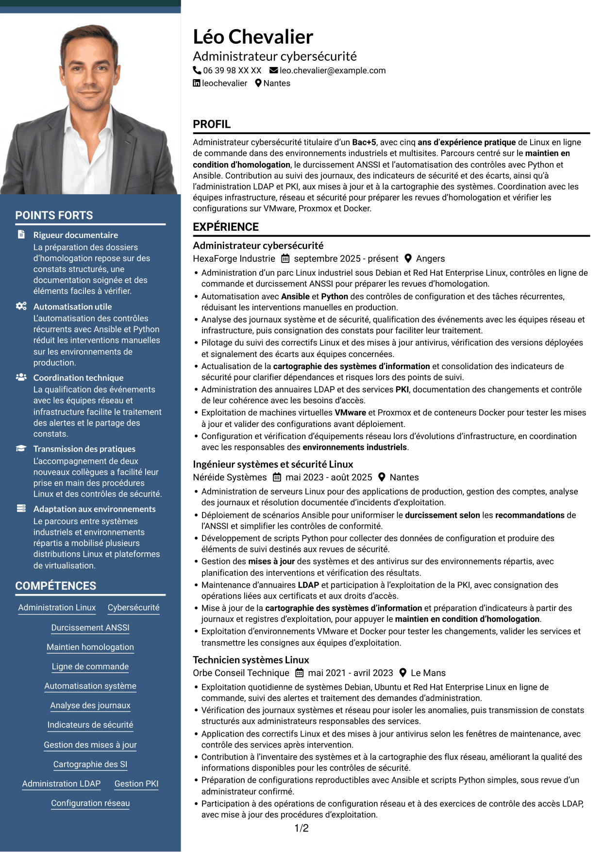 CV Signature (format à colonne latérale colorée avec grande photo) : Administrateur Cybersécurité, page 1