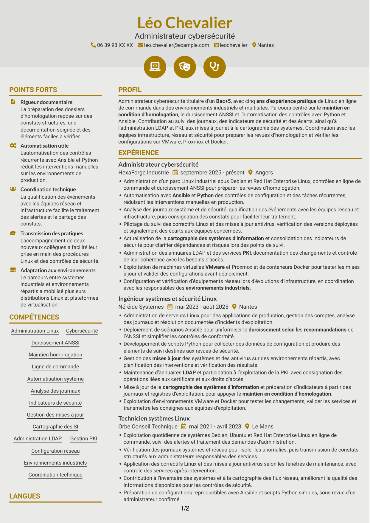 CV Dynamique (format à deux colonnes avec icônes) : Administrateur Cybersécurité, page 1