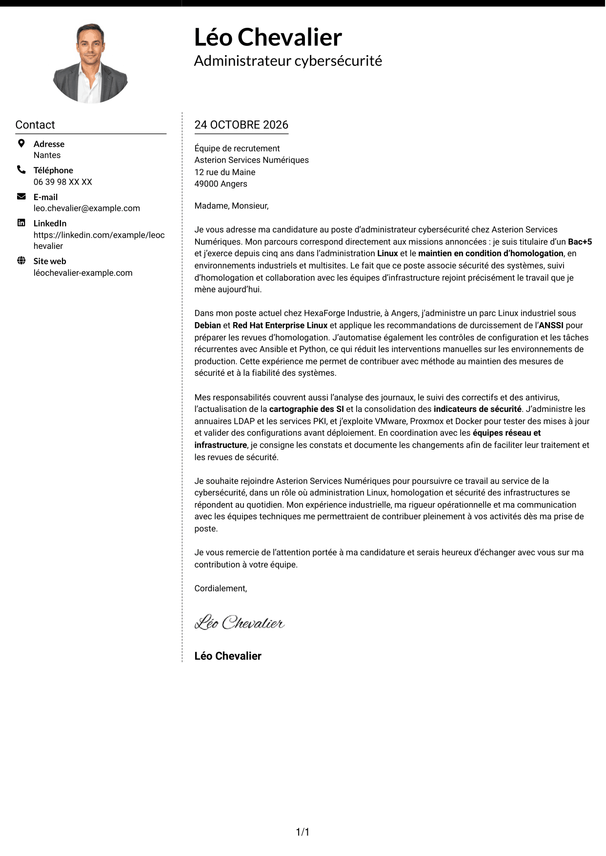 Lettre de motivation Moderne (format à deux colonnes avec photo à gauche et séparateur) : Administrateur Cybersécurité, page 1