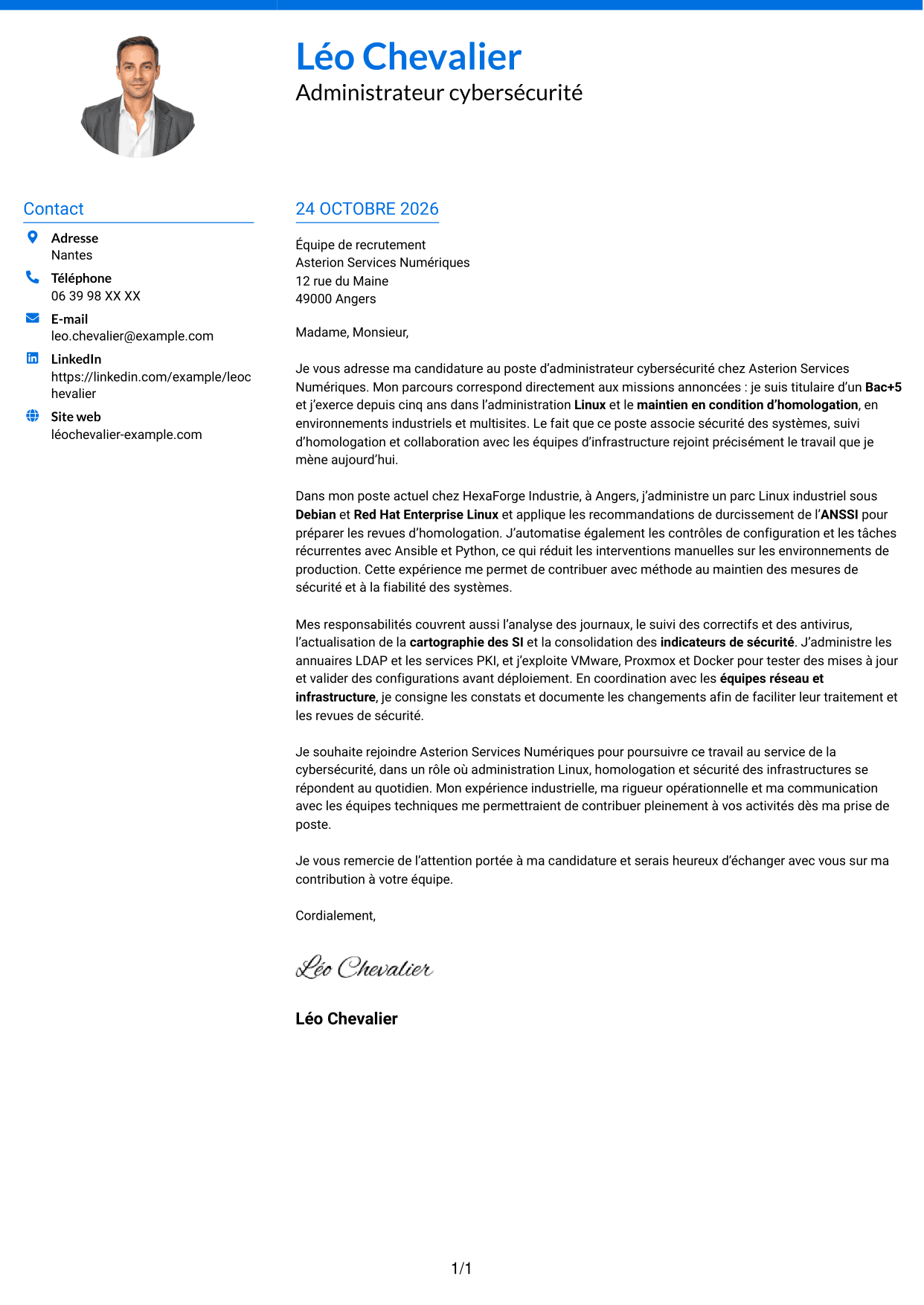 Lettre de motivation Audacieux (format à deux colonnes avec accents colorés et photo) : Administrateur Cybersécurité, page 1