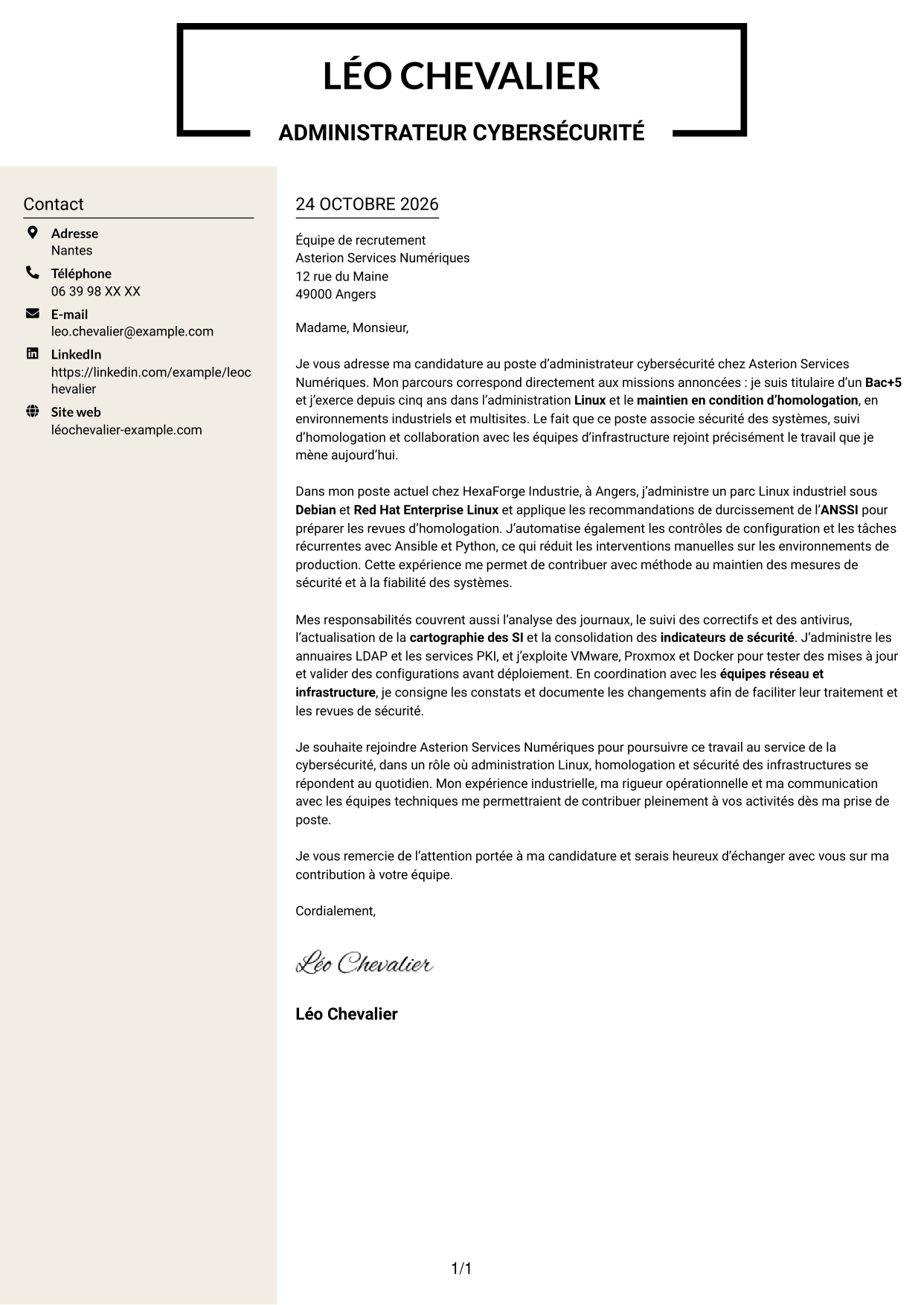Lettre de motivation Fonceur (format à deux colonnes avec en-tête centré sans photo) : Administrateur Cybersécurité, page 1