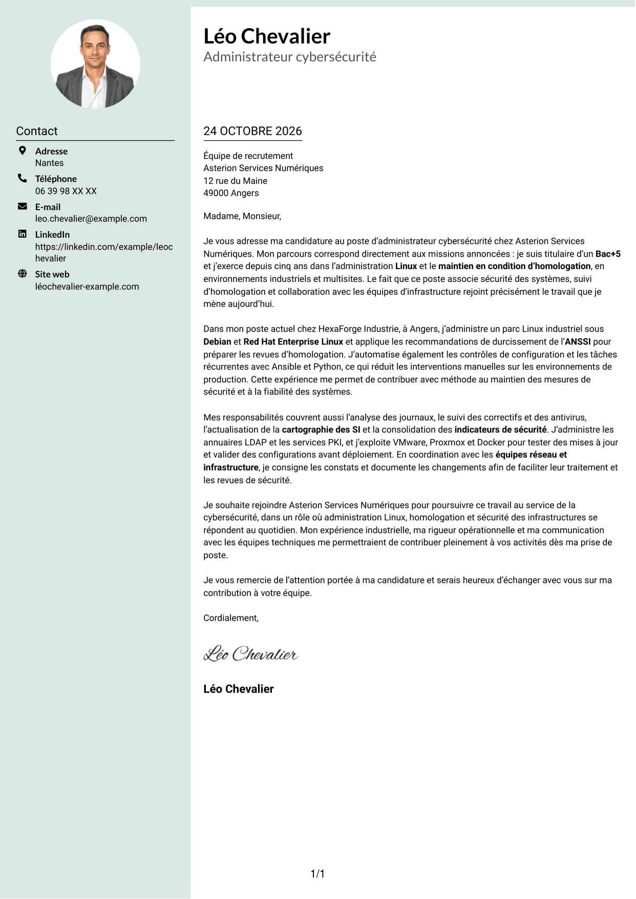 Lettre de motivation Cadre (format à colonne latérale douce avec photo arrondie) : Administrateur Cybersécurité, page 1