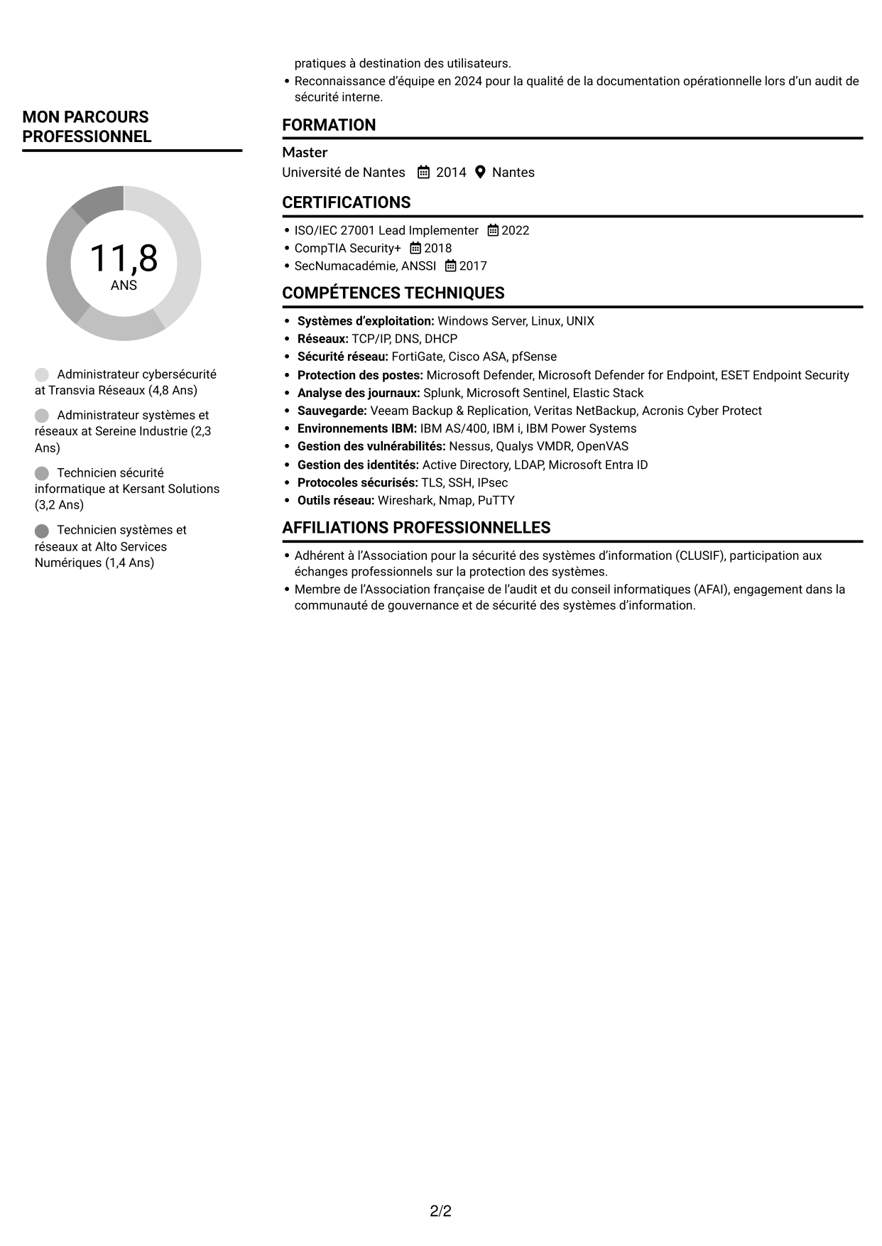 CV Compact (format sobre à deux colonnes avec photo) : Administrateur Cybersécurité - Systèmes et réseaux, page 2