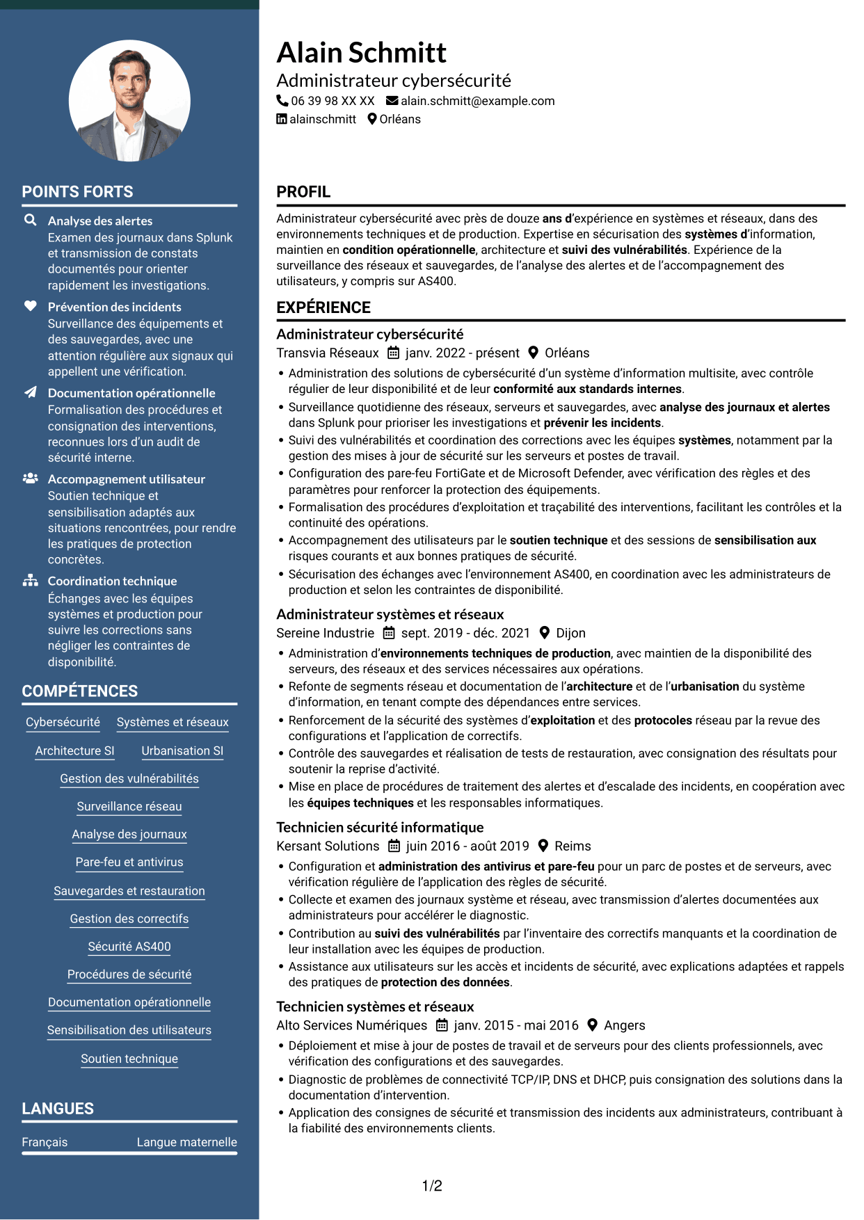 CV Élégant (format à colonne latérale colorée avec photo) : Administrateur Cybersécurité - Systèmes et réseaux, page 1