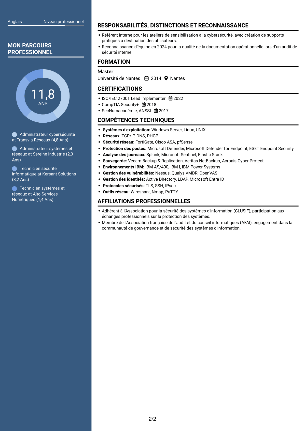 CV Élégant (format à colonne latérale colorée avec photo) : Administrateur Cybersécurité - Systèmes et réseaux, page 2