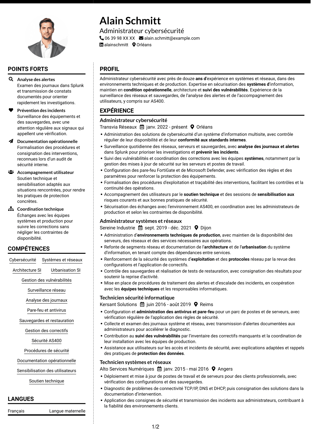 CV Moderne (format à deux colonnes avec photo à gauche et séparateur) : Administrateur Cybersécurité - Systèmes et réseaux, page 1