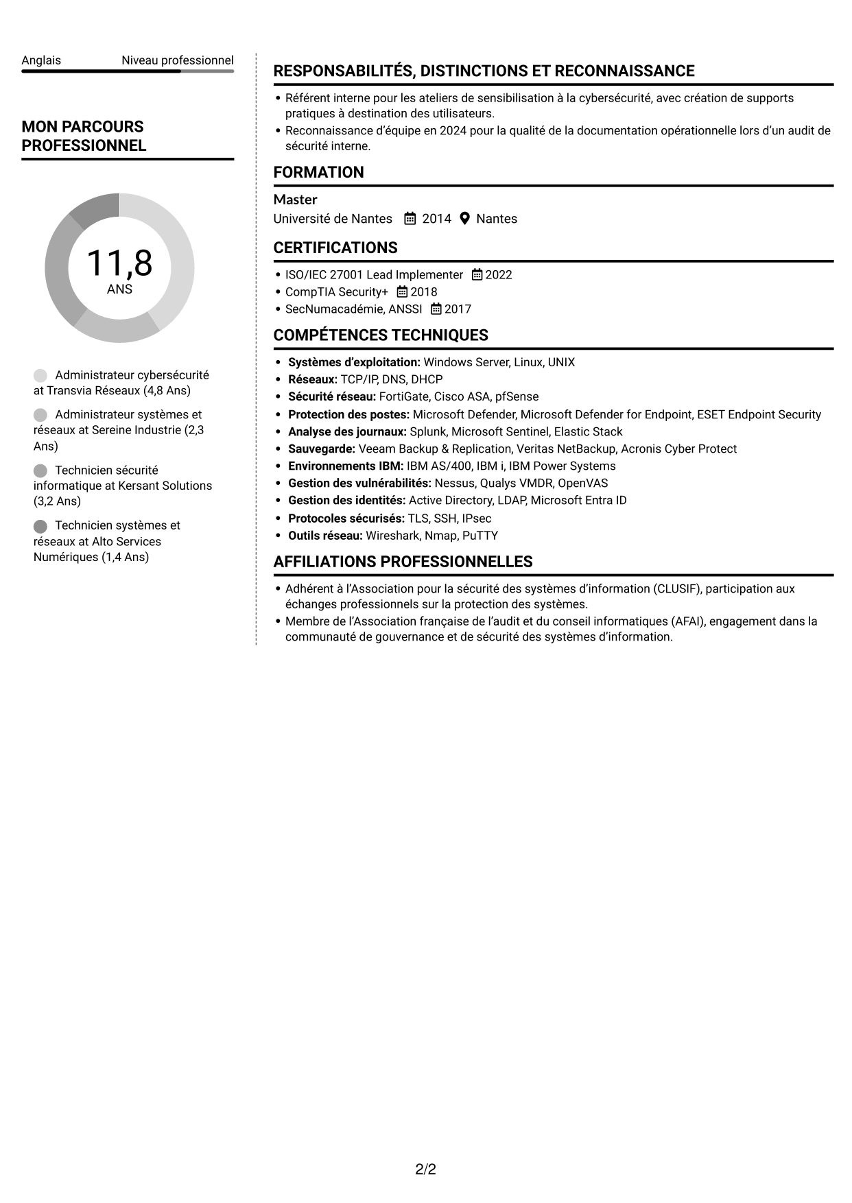 CV Moderne (format à deux colonnes avec photo à gauche et séparateur) : Administrateur Cybersécurité - Systèmes et réseaux, page 2