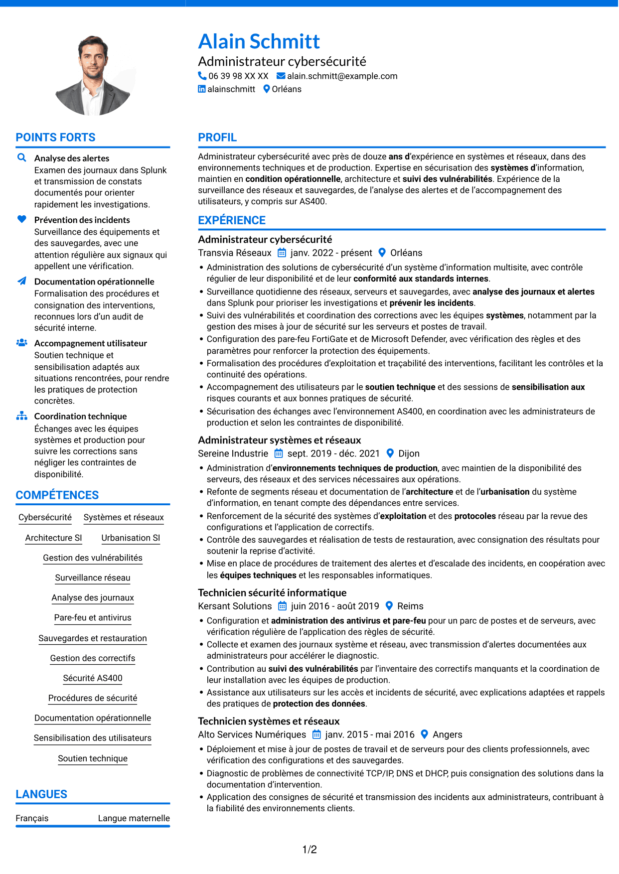 CV Audacieux (format à deux colonnes avec accents colorés et photo) : Administrateur Cybersécurité - Systèmes et réseaux, page 1