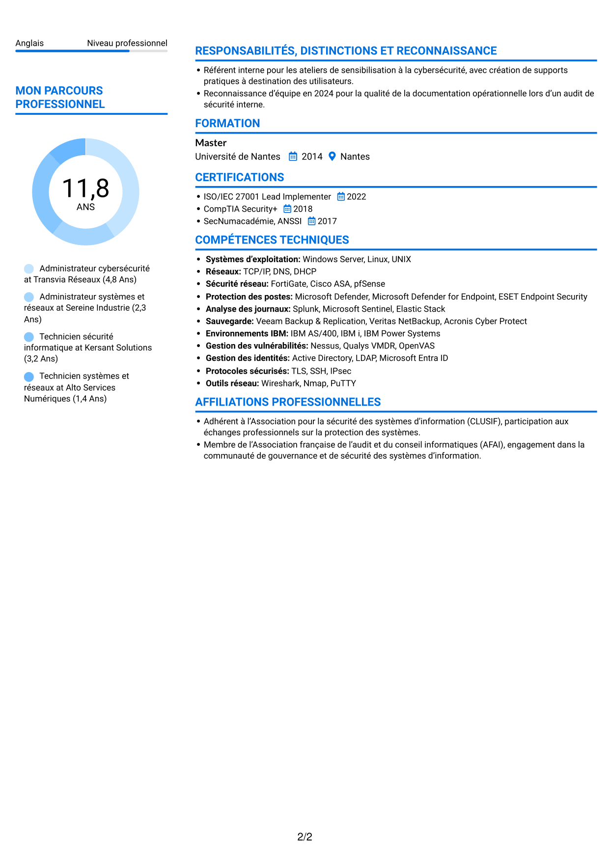 CV Audacieux (format à deux colonnes avec accents colorés et photo) : Administrateur Cybersécurité - Systèmes et réseaux, page 2
