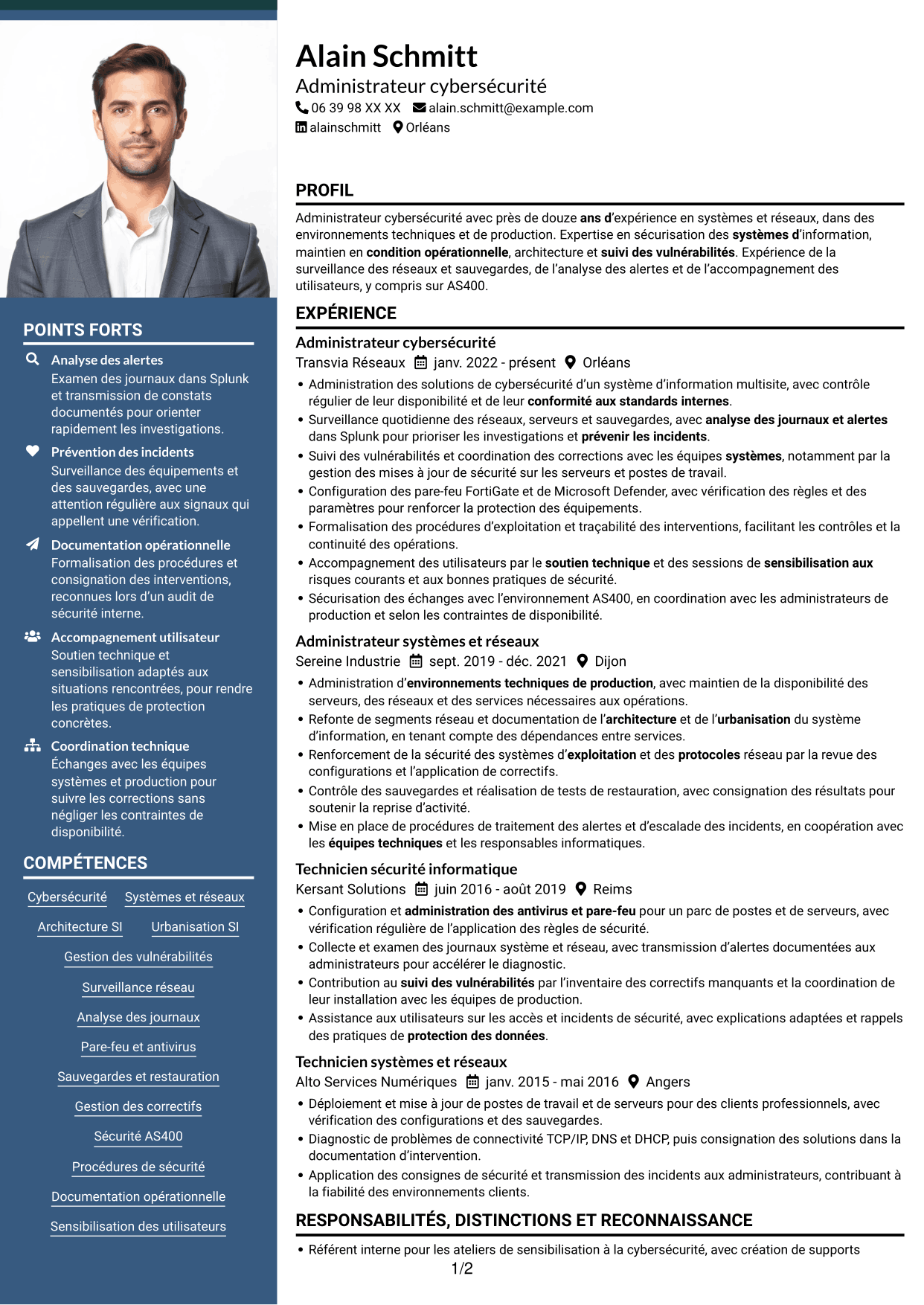 CV Signature (format à colonne latérale colorée avec grande photo) : Administrateur Cybersécurité - Systèmes et réseaux, page 1