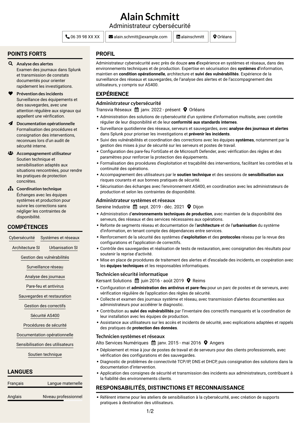 CV Fonceur (format à deux colonnes avec en-tête centré sans photo) : Administrateur Cybersécurité - Systèmes et réseaux, page 1