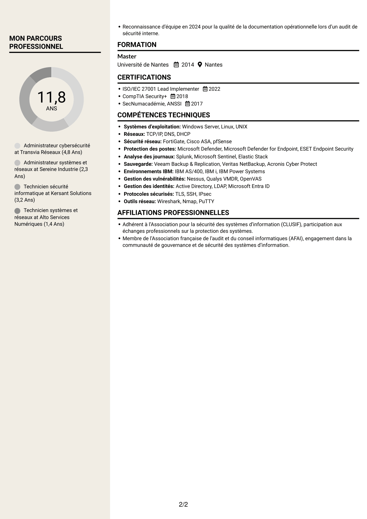 CV Fonceur (format à deux colonnes avec en-tête centré sans photo) : Administrateur Cybersécurité - Systèmes et réseaux, page 2