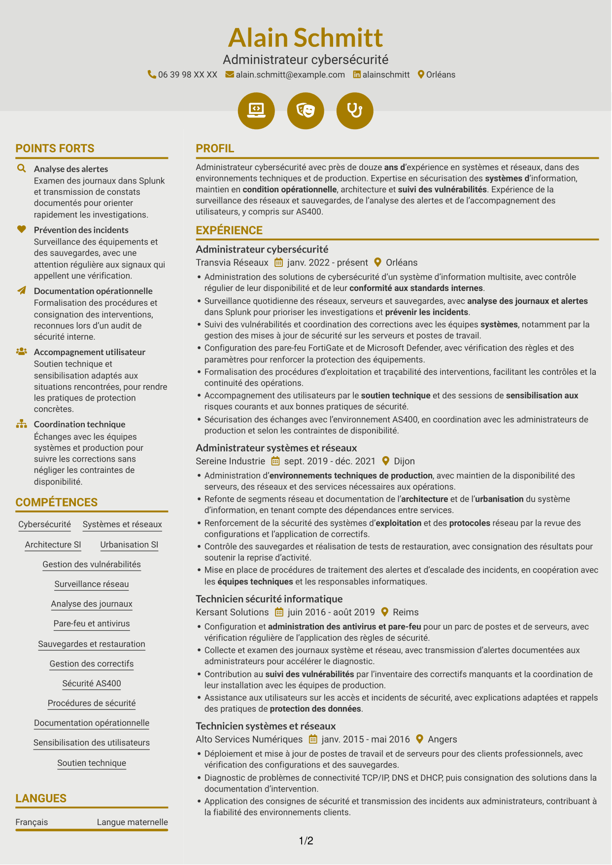 CV Dynamique (format à deux colonnes avec icônes) : Administrateur Cybersécurité - Systèmes et réseaux, page 1