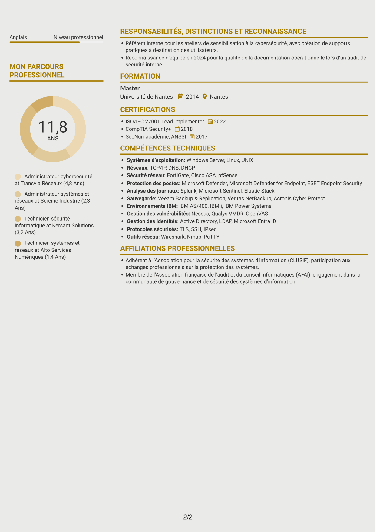 CV Dynamique (format à deux colonnes avec icônes) : Administrateur Cybersécurité - Systèmes et réseaux, page 2