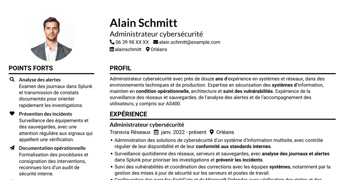7 modèles de CV pour Administrateur Cybersécurité - Systèmes et réseaux, avec exemples