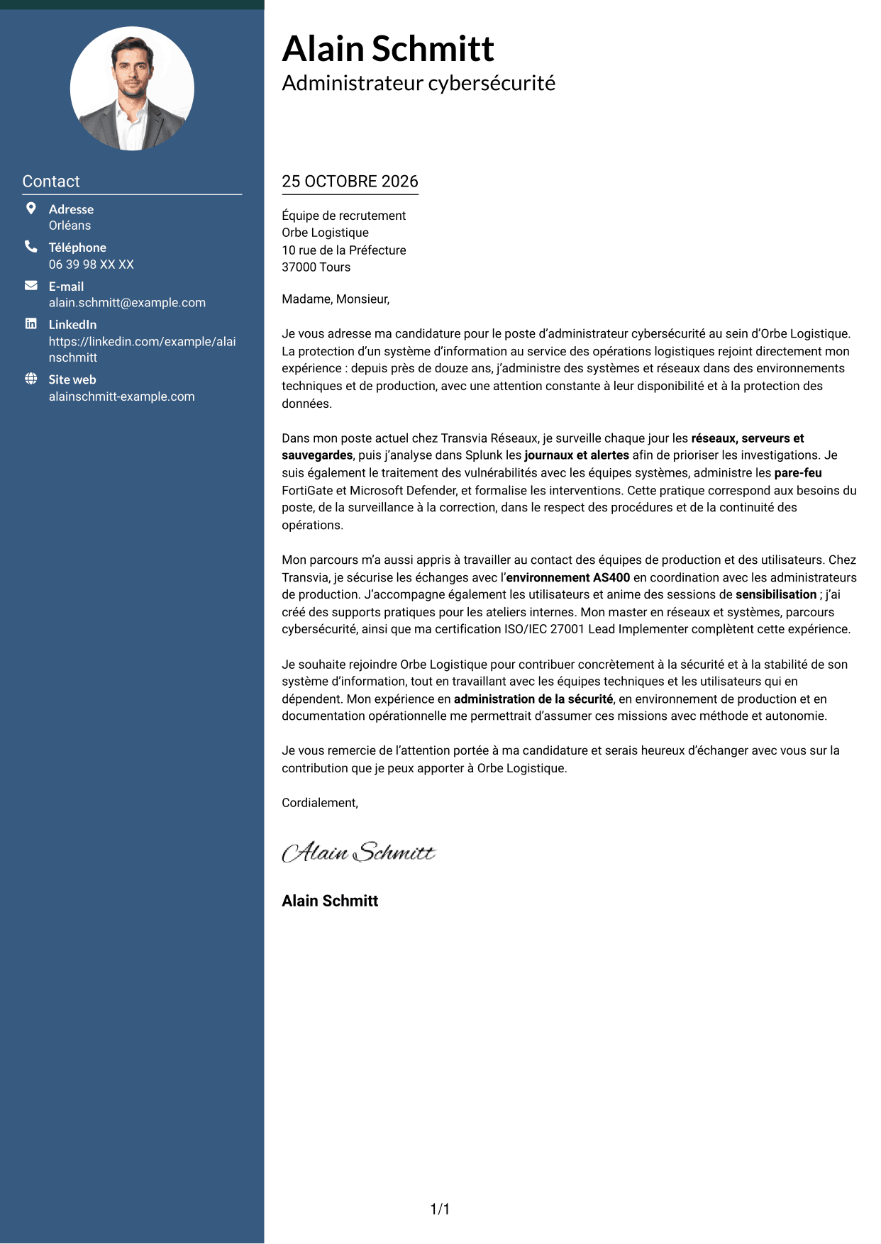 Lettre de motivation Élégant (format à colonne latérale colorée avec photo) : Administrateur Cybersécurité - Systèmes et réseaux, page 1