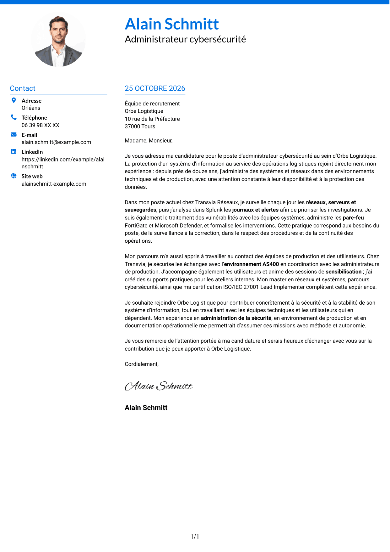 Lettre de motivation Audacieux (format à deux colonnes avec accents colorés et photo) : Administrateur Cybersécurité - Systèmes et réseaux, page 1