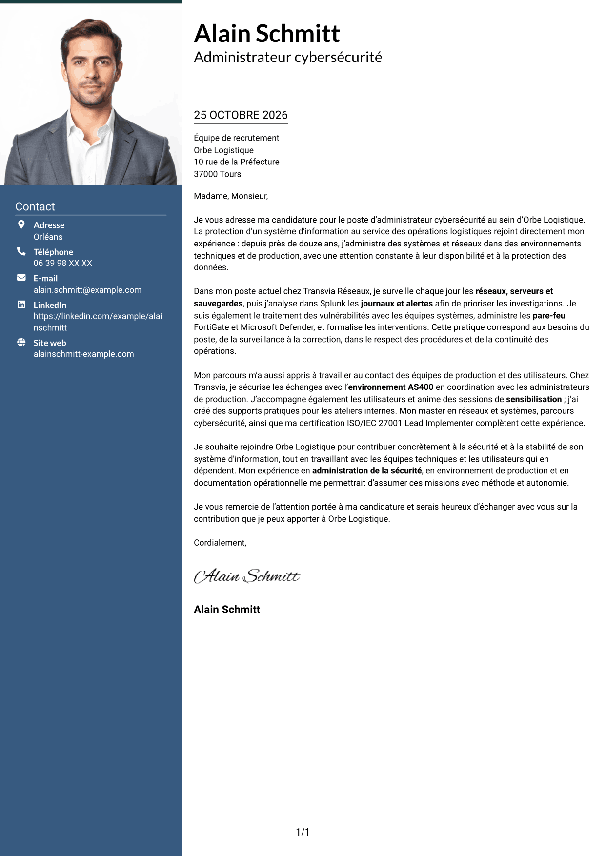 Lettre de motivation Signature (format à colonne latérale colorée avec grande photo) : Administrateur Cybersécurité - Systèmes et réseaux, page 1