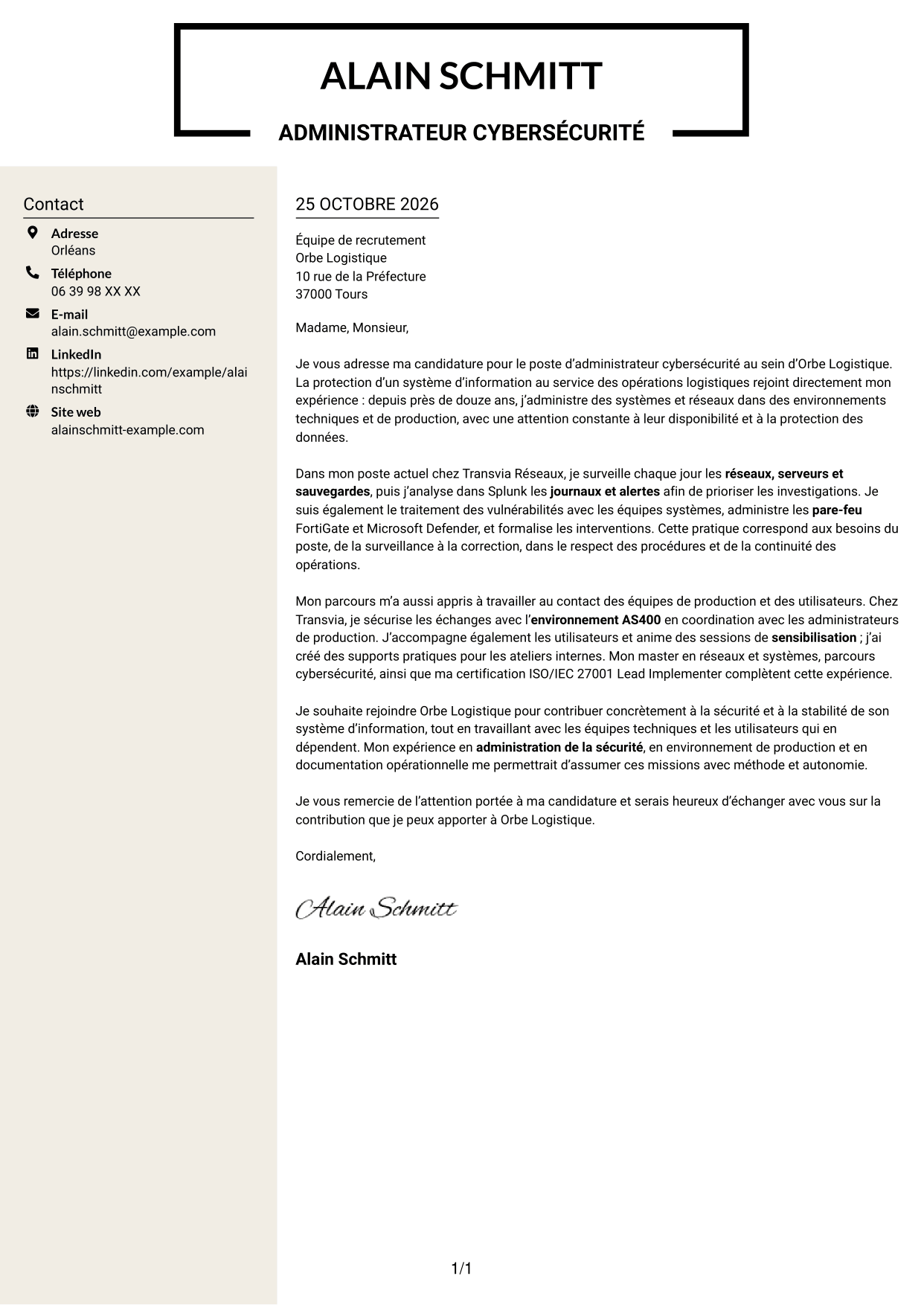 Lettre de motivation Fonceur (format à deux colonnes avec en-tête centré sans photo) : Administrateur Cybersécurité - Systèmes et réseaux, page 1