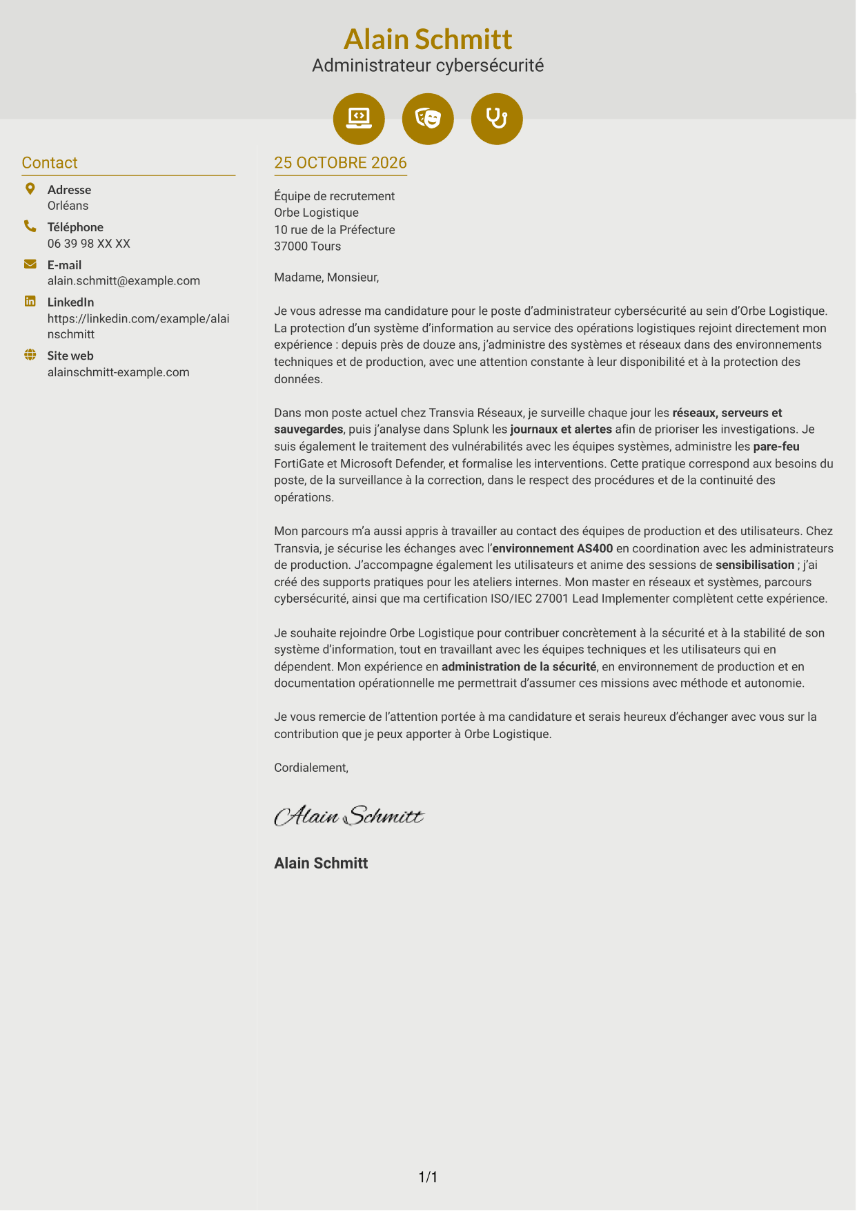 Lettre de motivation Dynamique (format à deux colonnes avec icônes) : Administrateur Cybersécurité - Systèmes et réseaux, page 1