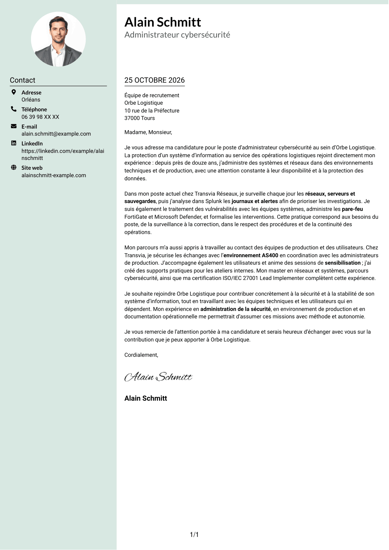 Lettre de motivation Cadre (format à colonne latérale douce avec photo arrondie) : Administrateur Cybersécurité - Systèmes et réseaux, page 1