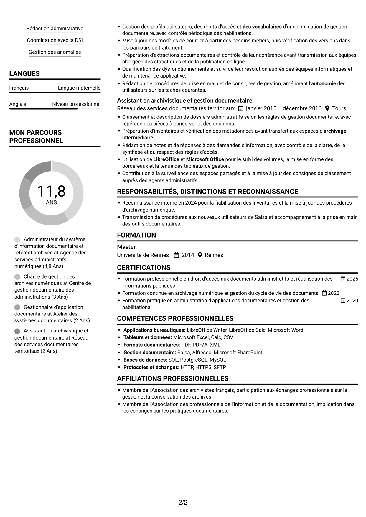 CV Compact (format sobre à deux colonnes avec photo) : Administrateur du système d'information Salsa et référent archives numériques, page 2