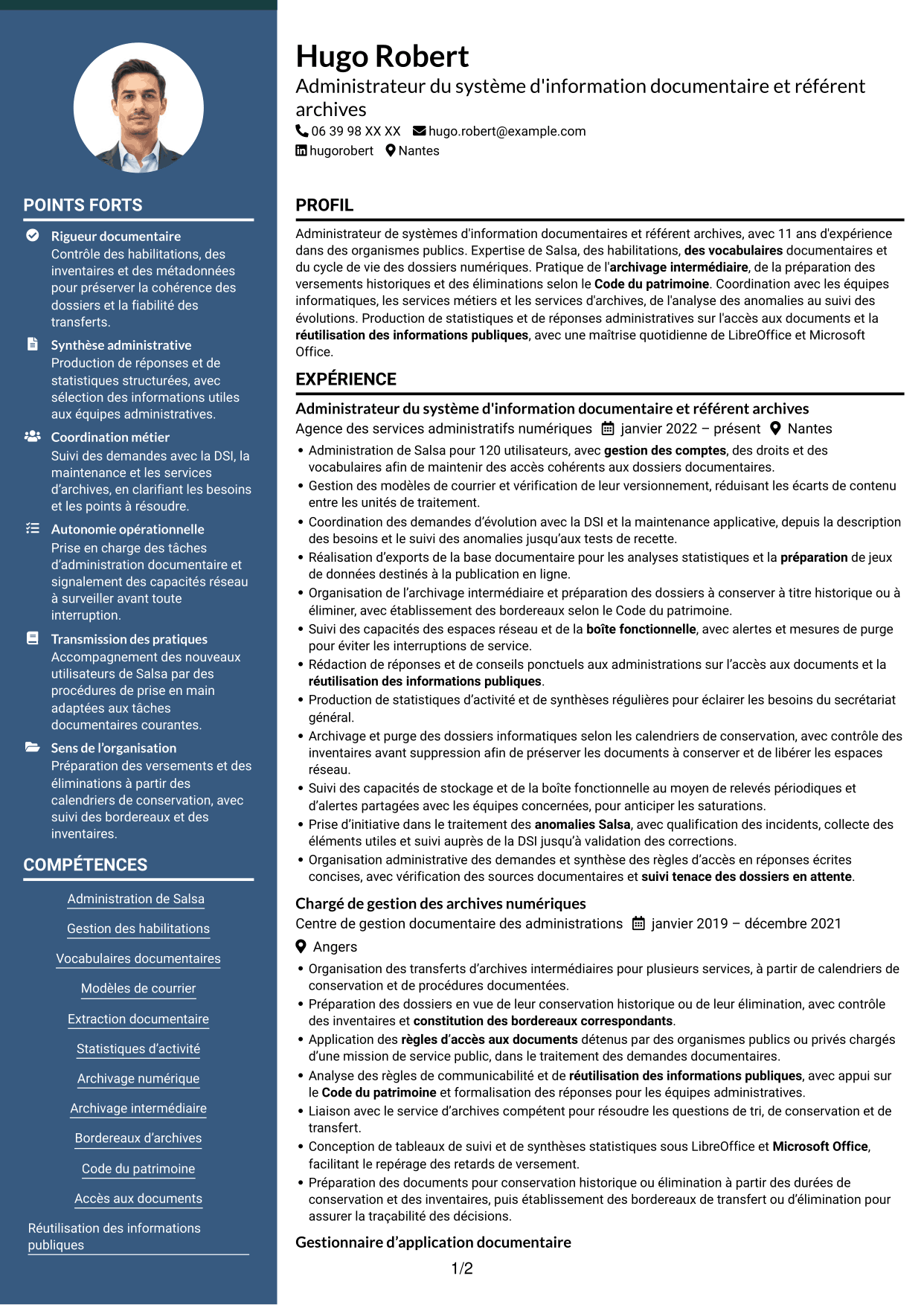 CV Élégant (format à colonne latérale colorée avec photo) : Administrateur du système d'information Salsa et référent archives numériques, page 1