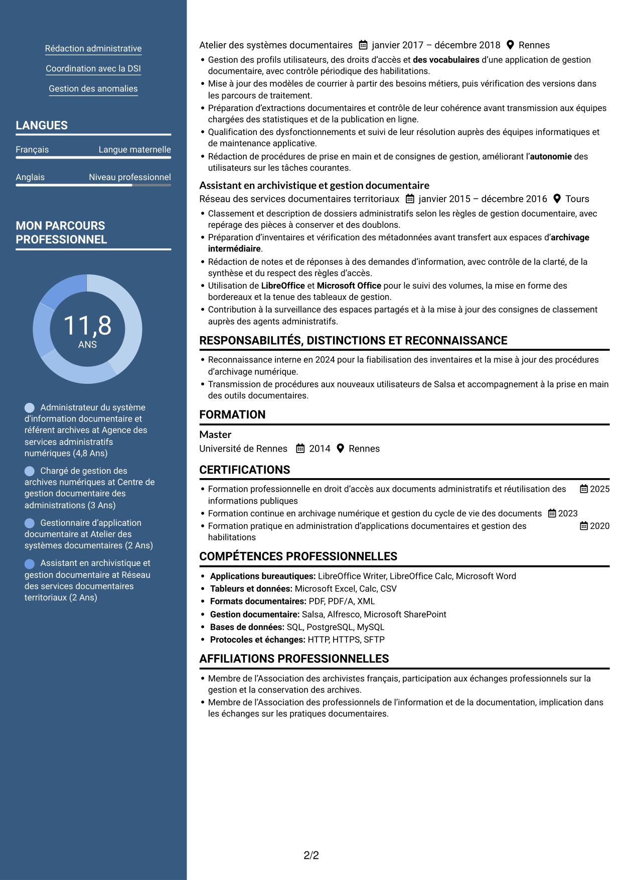 CV Élégant (format à colonne latérale colorée avec photo) : Administrateur du système d'information Salsa et référent archives numériques, page 2