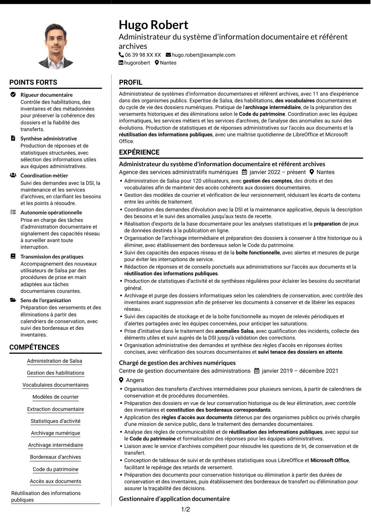 CV Moderne (format à deux colonnes avec photo à gauche et séparateur) : Administrateur du système d'information Salsa et référent archives numériques, page 1