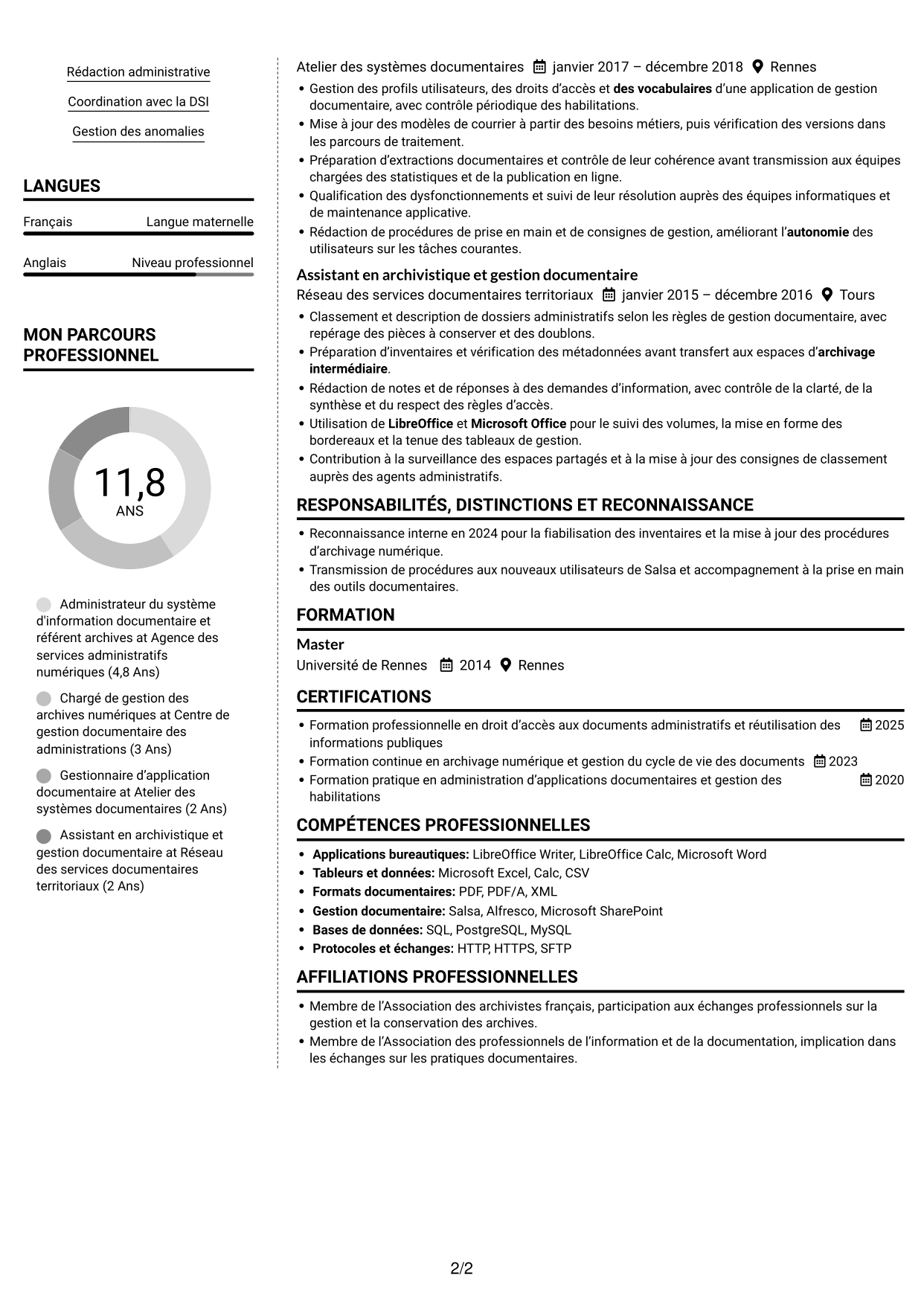 CV Moderne (format à deux colonnes avec photo à gauche et séparateur) : Administrateur du système d'information Salsa et référent archives numériques, page 2