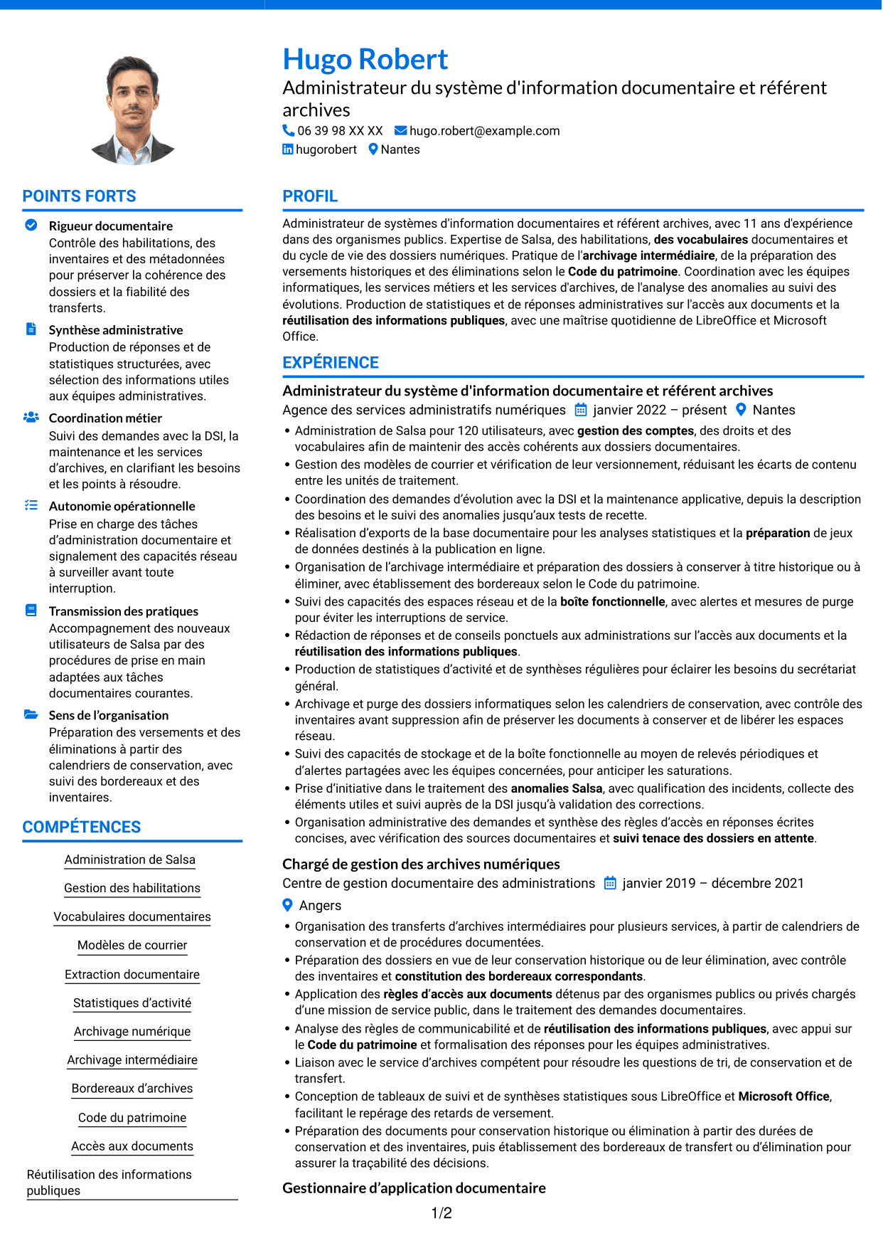 CV Audacieux (format à deux colonnes avec accents colorés et photo) : Administrateur du système d'information Salsa et référent archives numériques, page 1