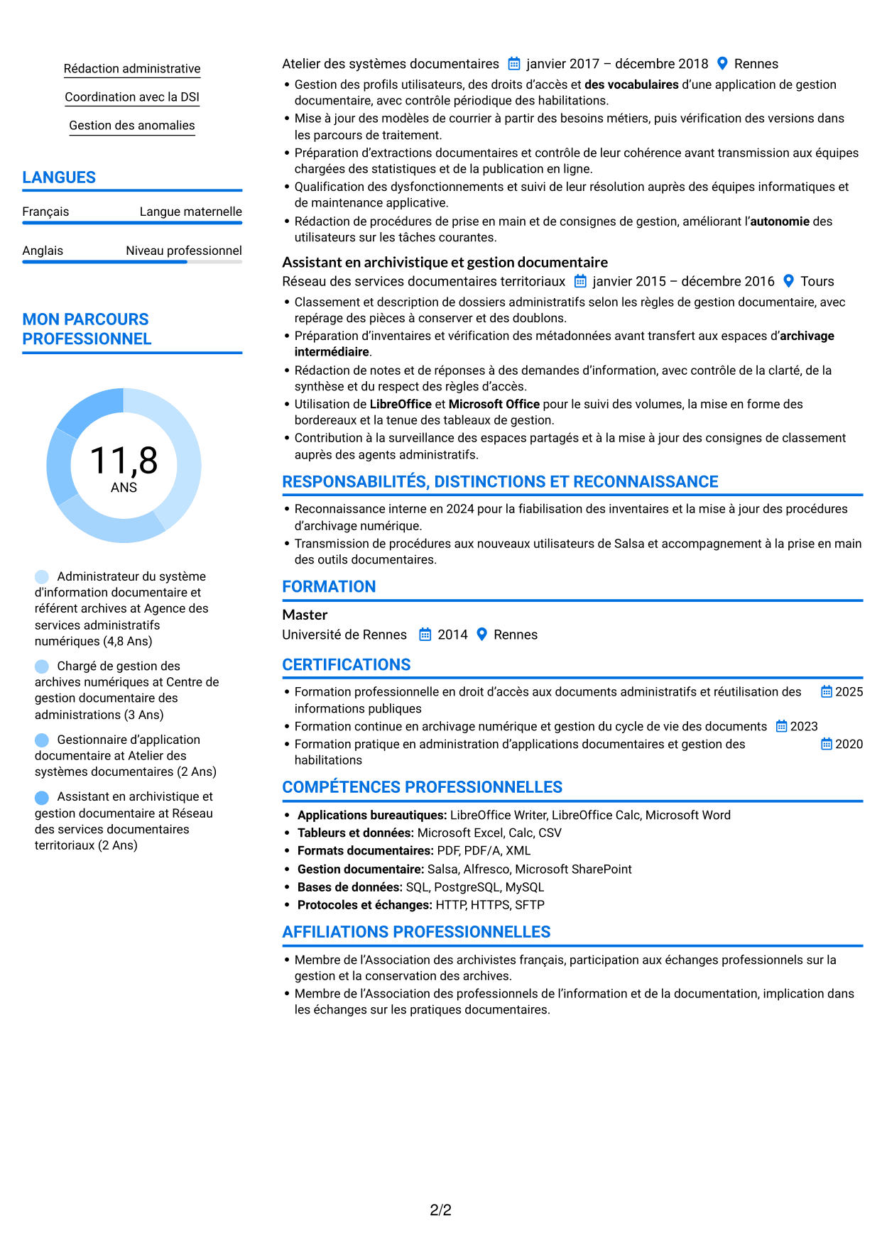 CV Audacieux (format à deux colonnes avec accents colorés et photo) : Administrateur du système d'information Salsa et référent archives numériques, page 2