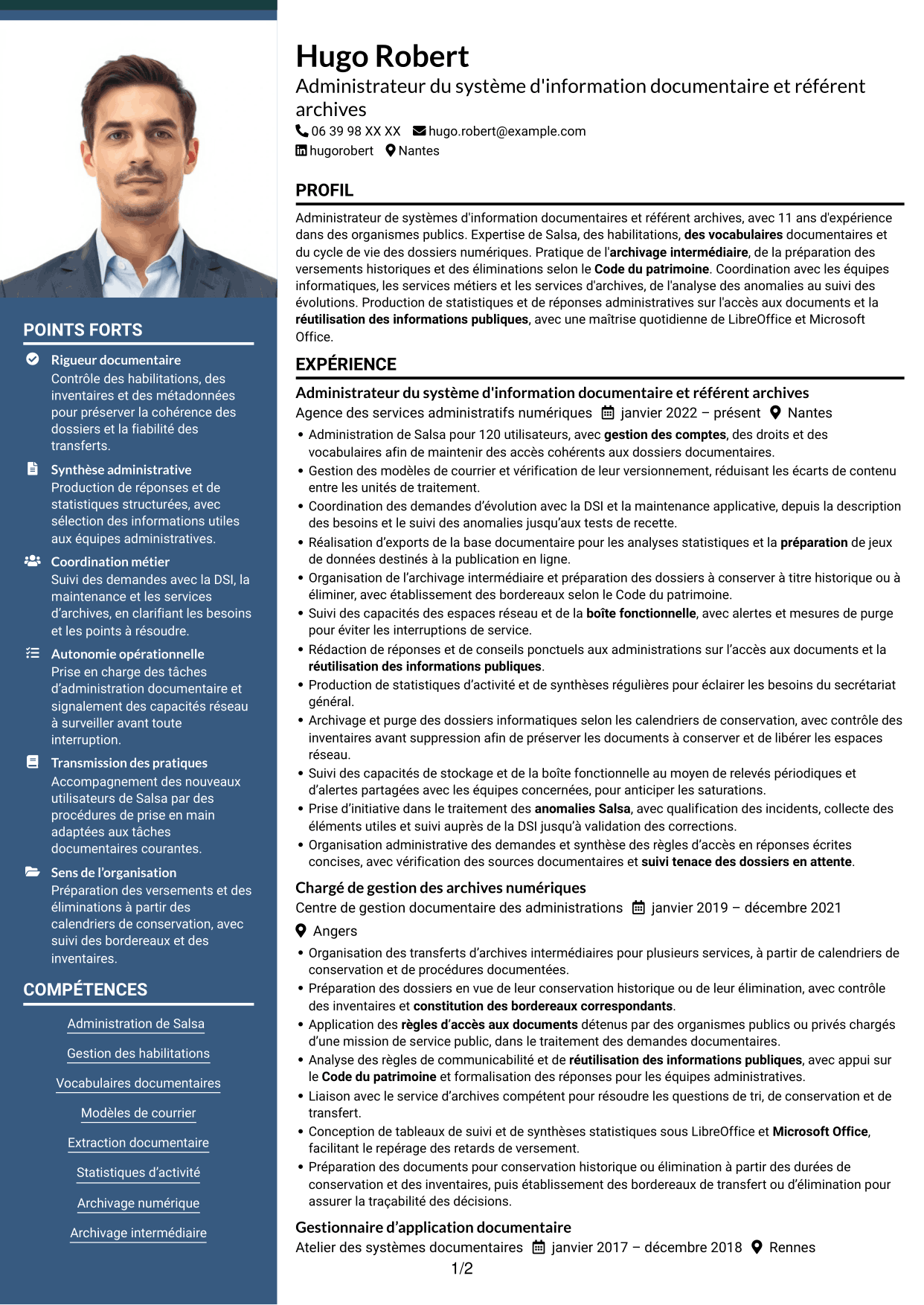 CV Signature (format à colonne latérale colorée avec grande photo) : Administrateur du système d'information Salsa et référent archives numériques, page 1