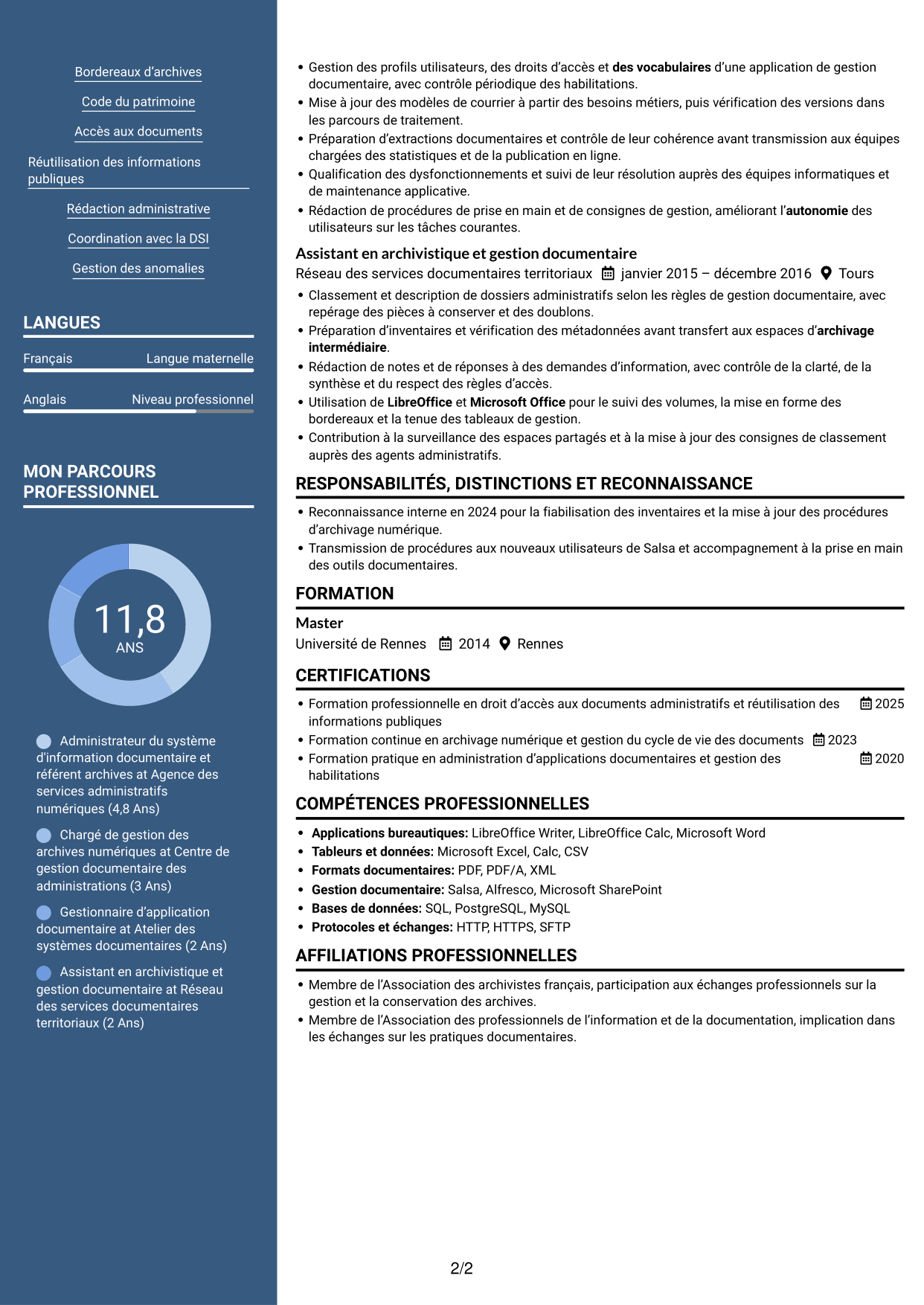 CV Signature (format à colonne latérale colorée avec grande photo) : Administrateur du système d'information Salsa et référent archives numériques, page 2