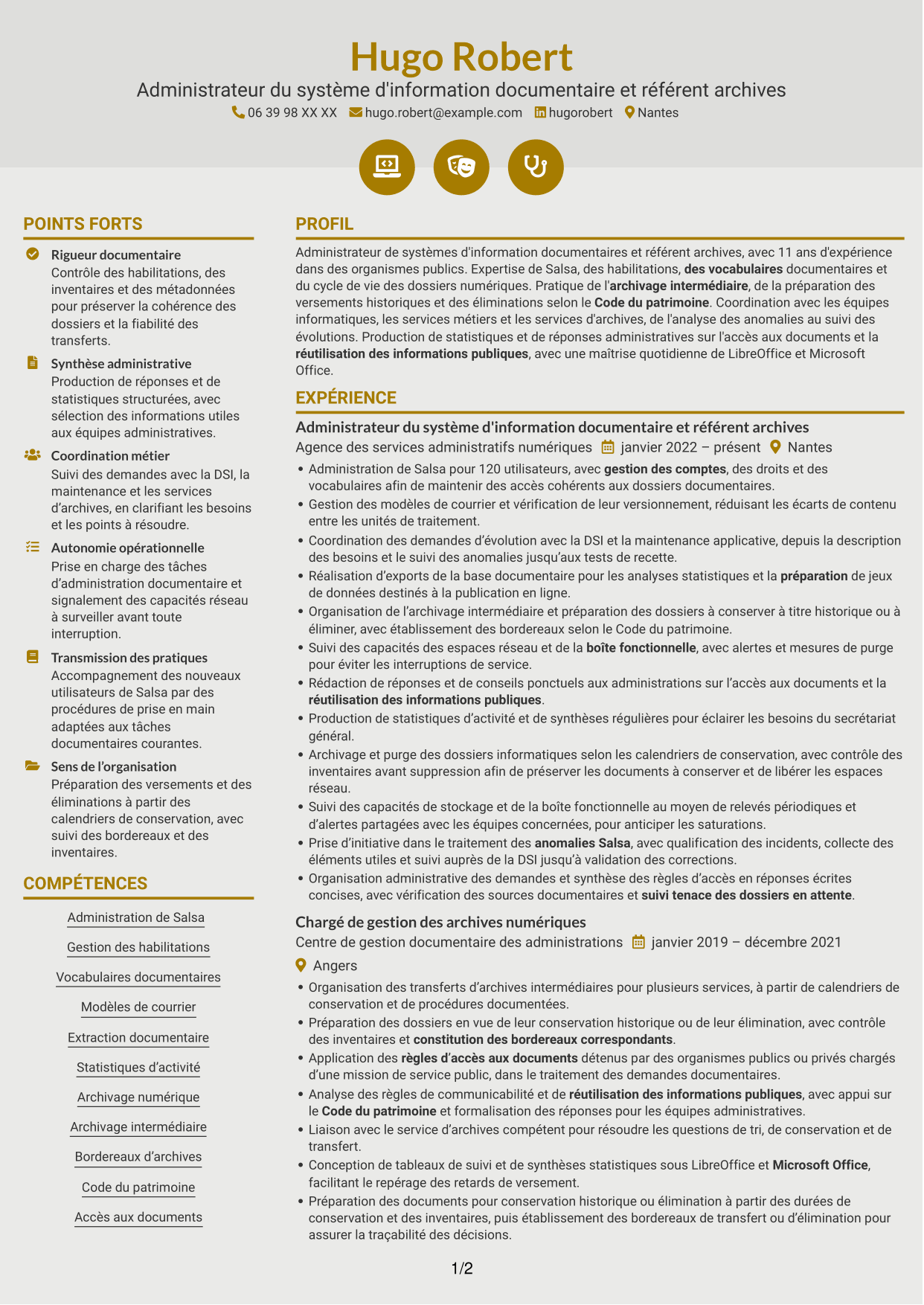 CV Dynamique (format à deux colonnes avec icônes) : Administrateur du système d'information Salsa et référent archives numériques, page 1