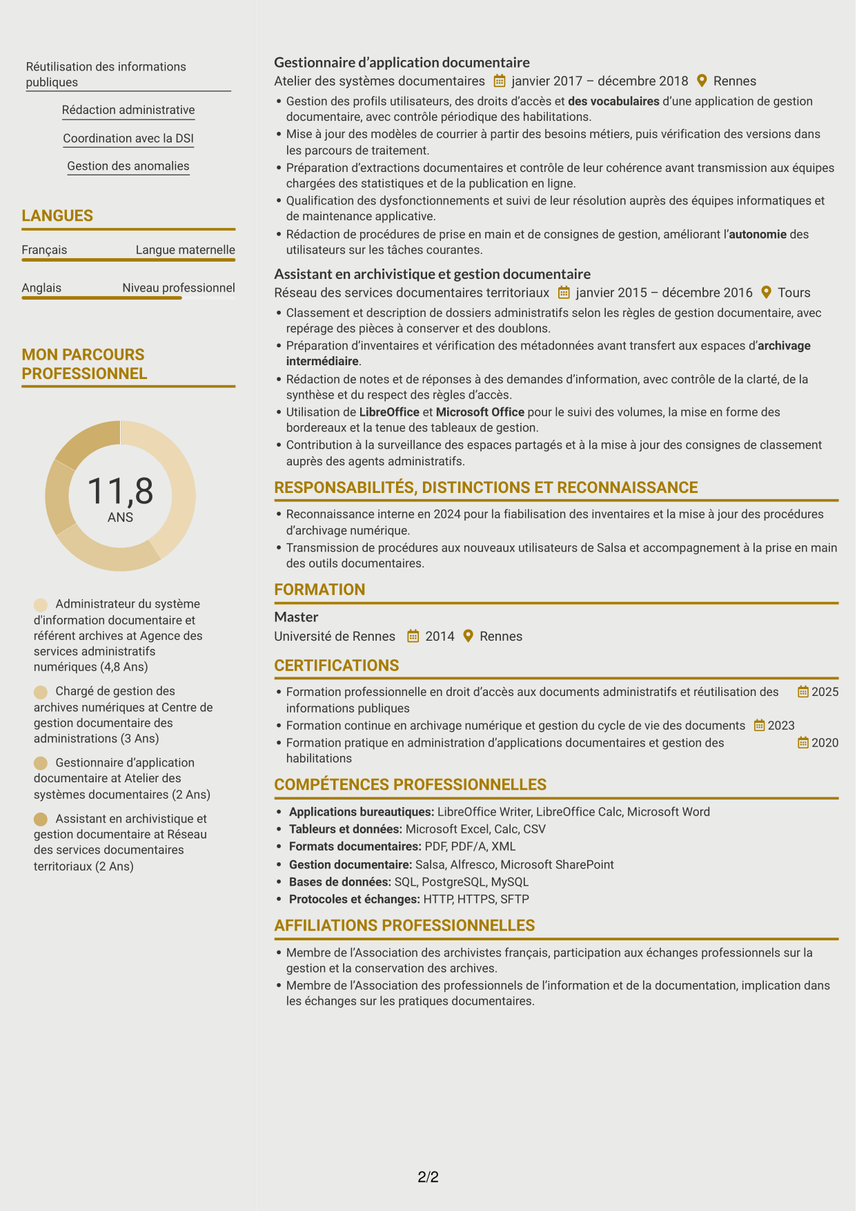 CV Dynamique (format à deux colonnes avec icônes) : Administrateur du système d'information Salsa et référent archives numériques, page 2