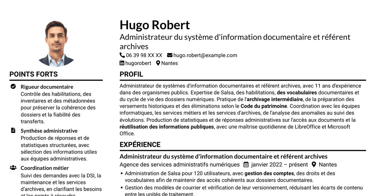 7 modèles de CV pour Administrateur du système d'information Salsa et référent archives numériques, avec exemples
