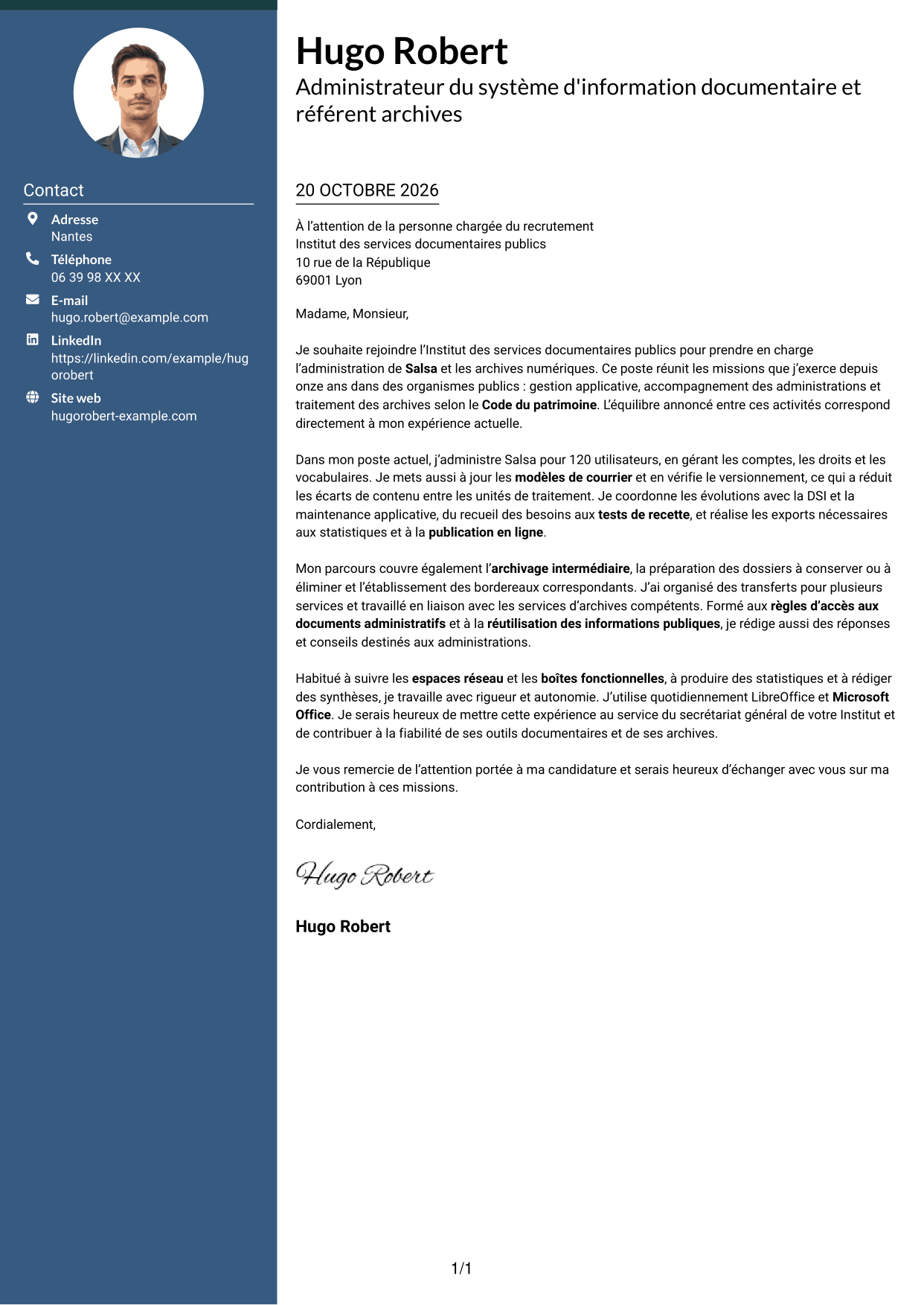 Lettre de motivation Élégant (format à colonne latérale colorée avec photo) : Administrateur du système d'information Salsa et référent archives numériques, page 1
